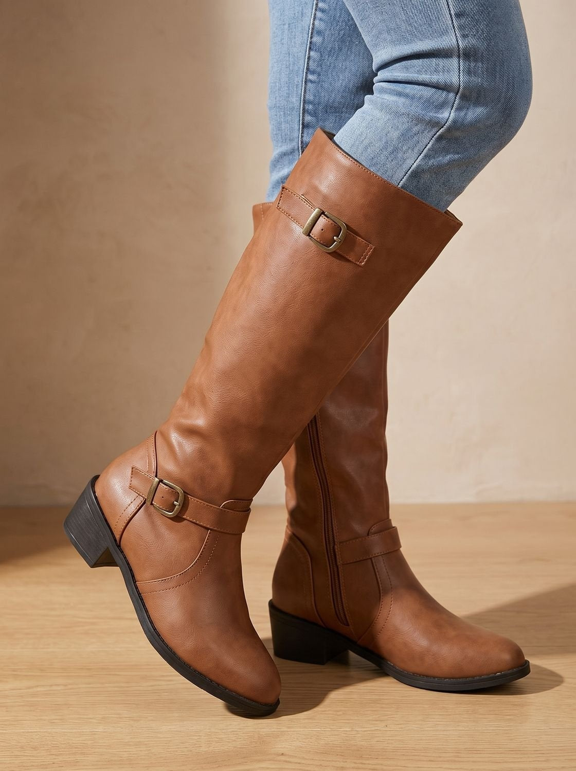 Alina | Chelsea Boots Damen Kniehohe Stiefel Blockabsatz Schnalle