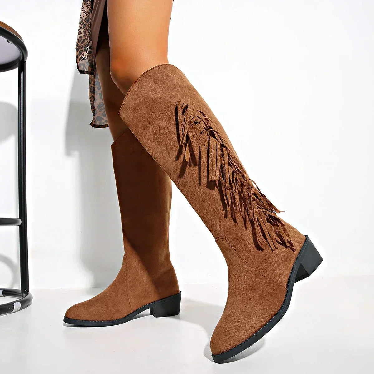 Alina | Cowboy Stiefel Damen Wildleder Fransen Hoher Schaft