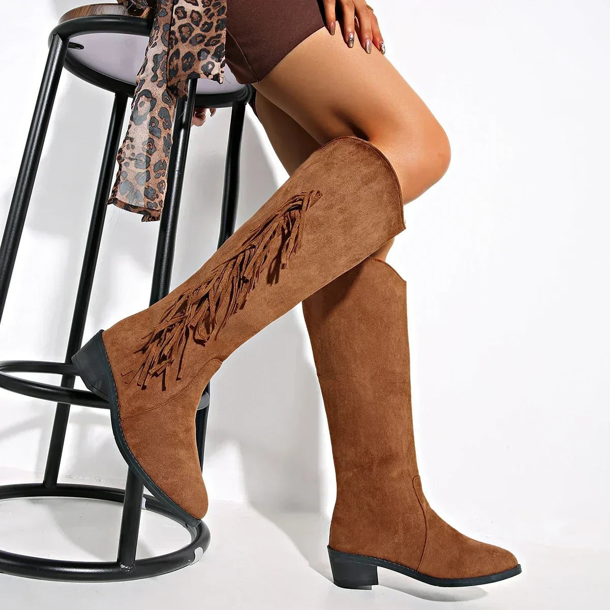 Alina | Cowboy Stiefel Damen Wildleder Fransen Hoher Schaft