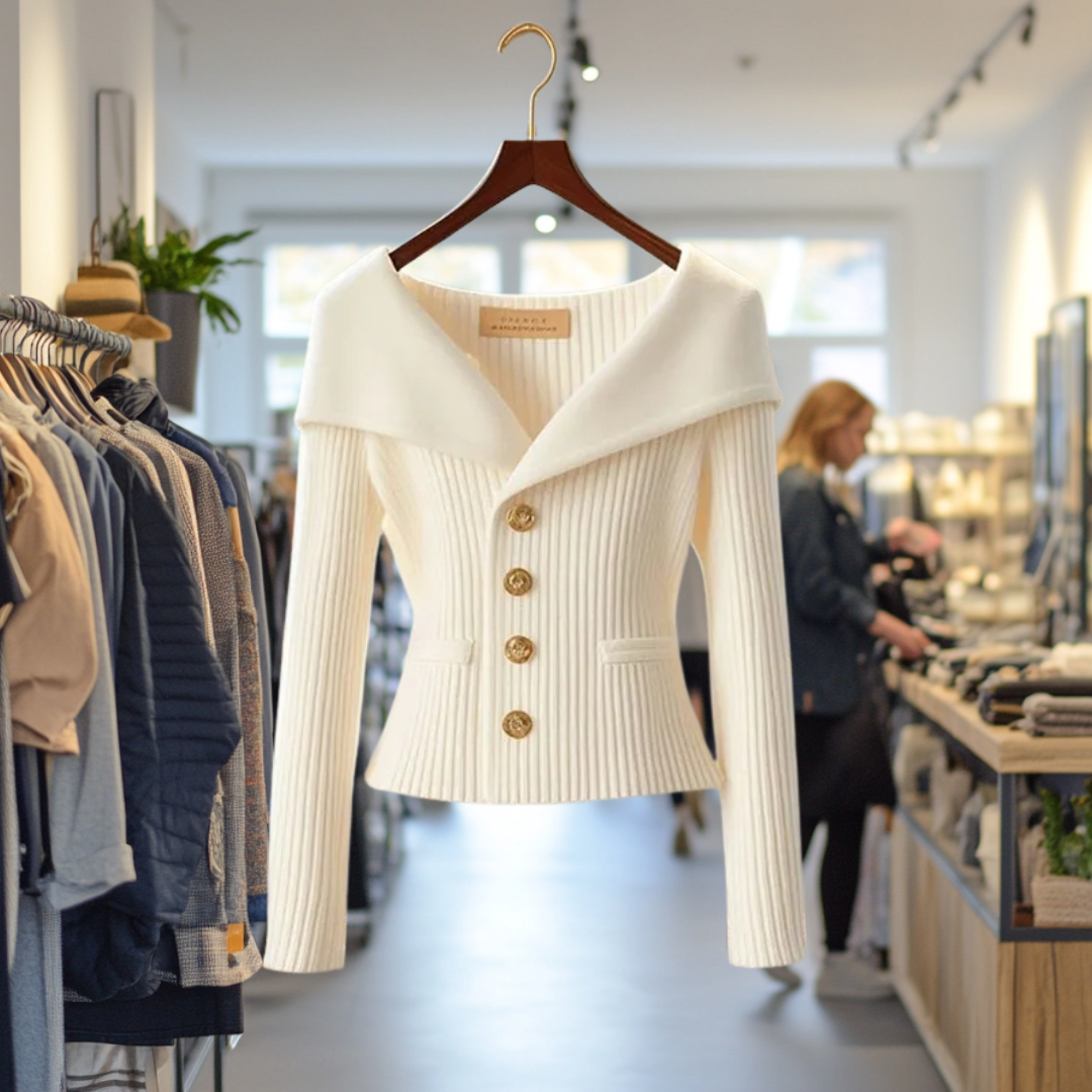 Alina | Strickjacke Damen Rippstrick Knöpfe Weiter Kragen