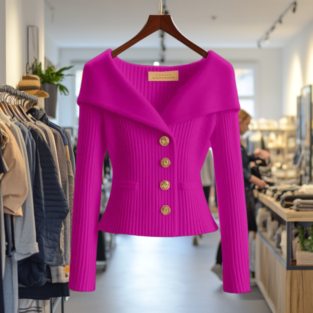 Alina | Strickjacke Damen Rippstrick Knöpfe Weiter Kragen