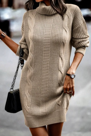 Alina | Strickkleid mit Rollkragen Damen Zopfmuster Langarm