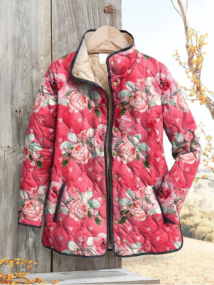 Amelie | Steppjacke Damen Blumenmuster Stehkragen Druckknöpfe