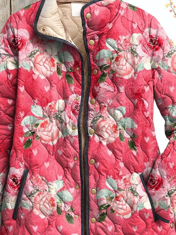 Amelie | Steppjacke Damen Blumenmuster Stehkragen Druckknöpfe