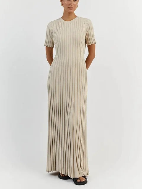 Amelie | Strickkleid Lang Damen Kurzarm Geripptes Maxikleid