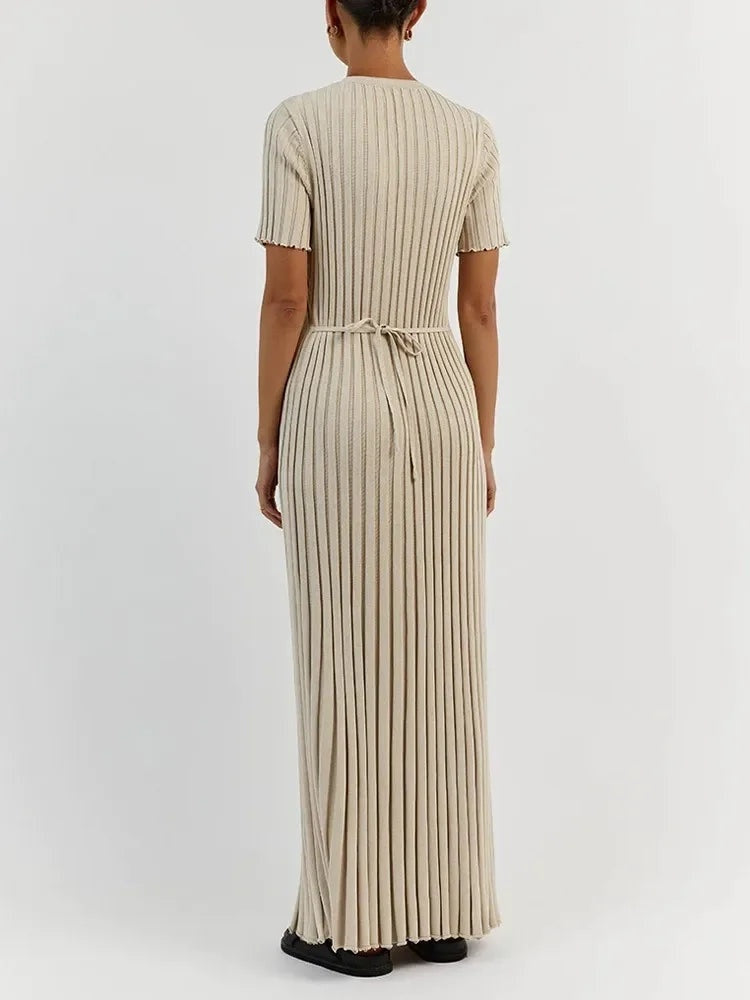 Amelie | Strickkleid Lang Damen Kurzarm Geripptes Maxikleid