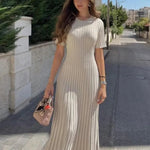 Amelie | Strickkleid Lang Damen Kurzarm Geripptes Maxikleid