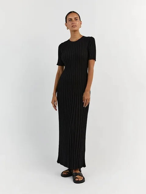 Amelie | Strickkleid Lang Damen Kurzarm Geripptes Maxikleid
