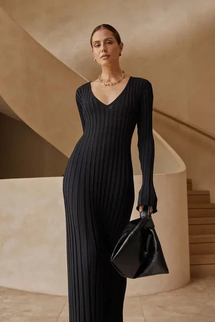 Amelie | Strickkleid Lang Damen Kurzarm Geripptes Maxikleid