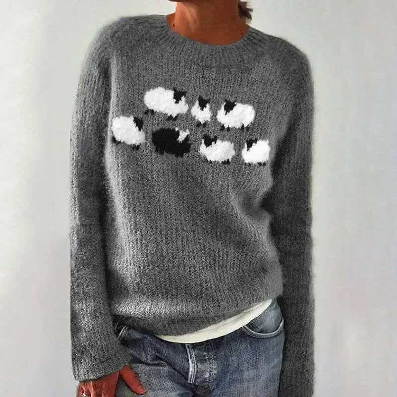 Antonia | Pullover Damen Strick Rundhals mit Schaf-Motiv