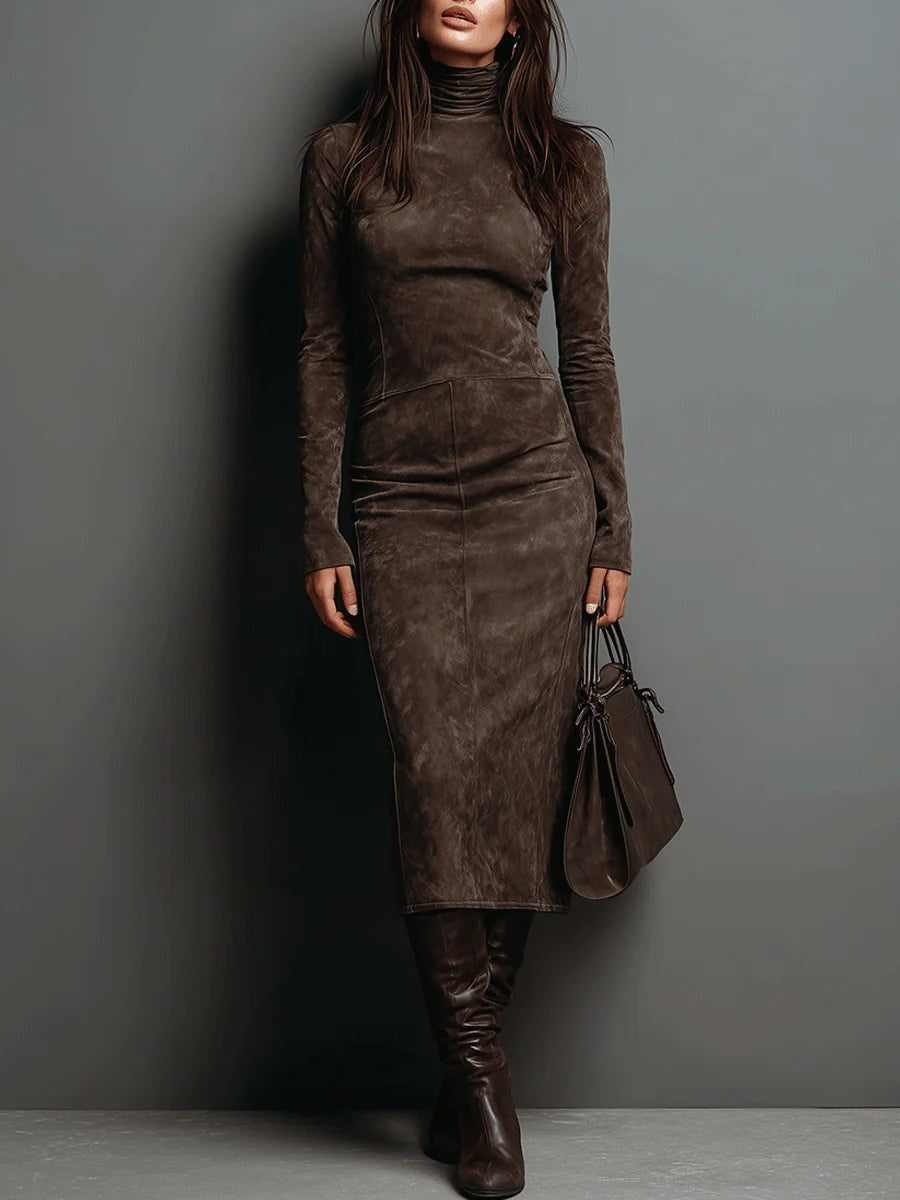 Antonia | Wildleder Kleid Midi Damen mit Stehkragen Langarm Figurbetont