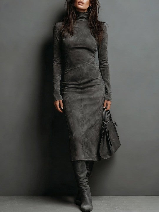 Antonia | Wildleder Kleid Midi Damen mit Stehkragen Langarm Figurbetont