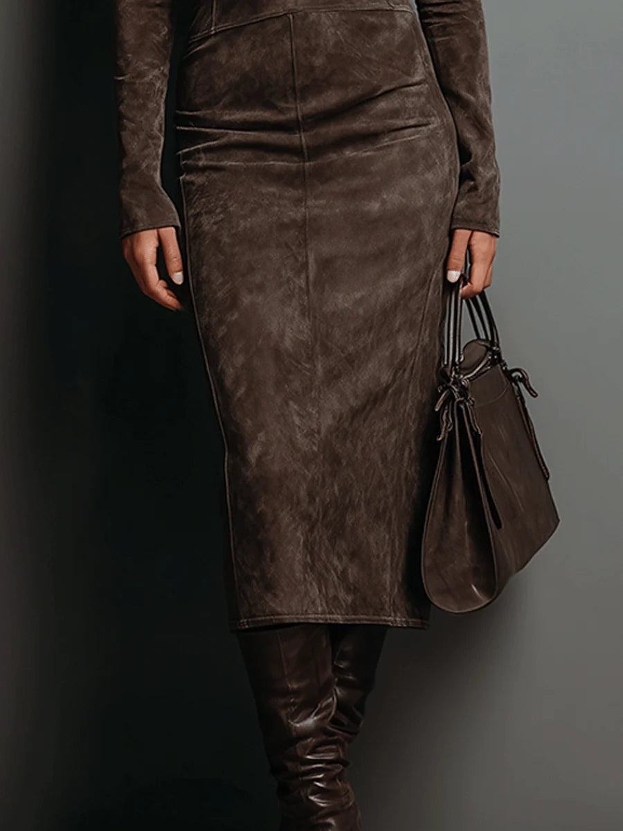 Antonia | Wildleder Kleid Midi Damen mit Stehkragen Langarm Figurbetont