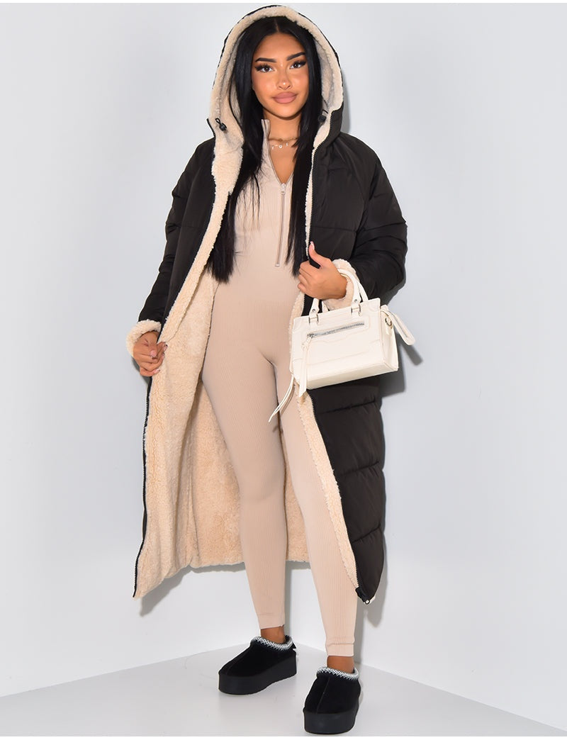 Ariane | Lange Daunenjacke mit Kapuze Damen Teddy-Futter