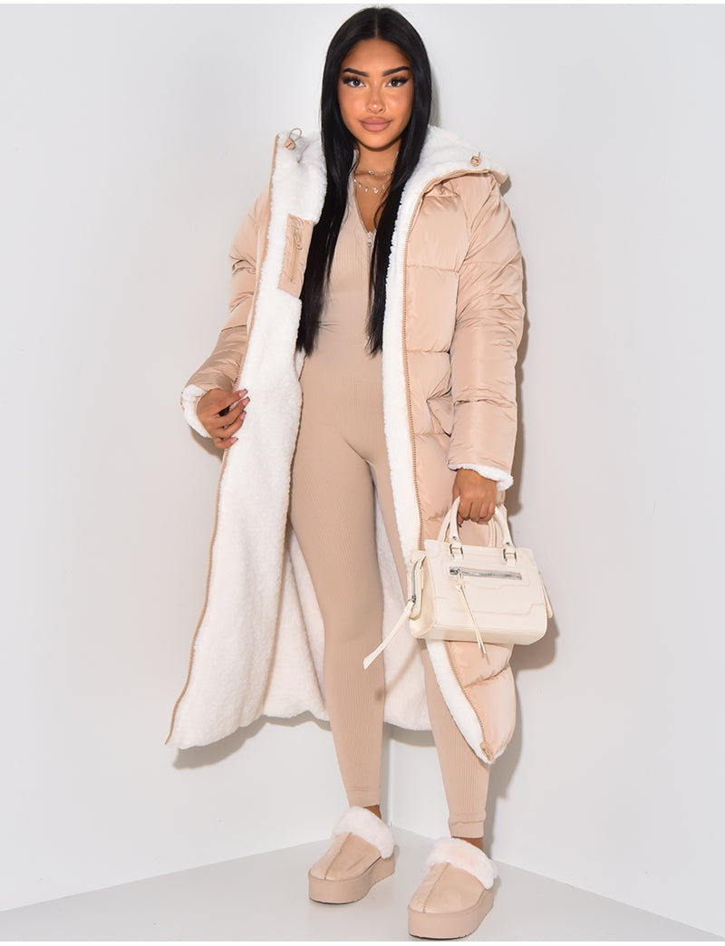 Ariane | Lange Daunenjacke mit Kapuze Damen Teddy-Futter