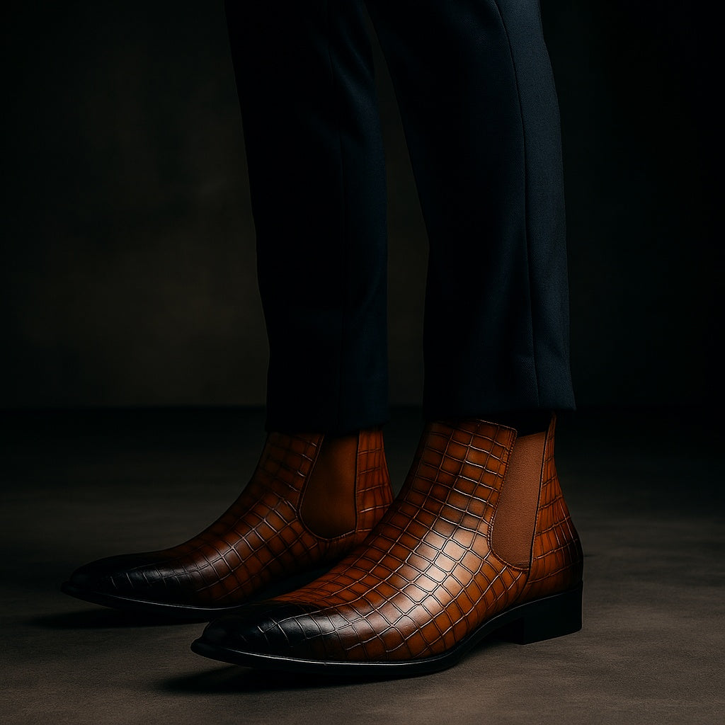 Armin | Chelsea Boots Leder Stiefel Herren Kroko-Prägung Spitze