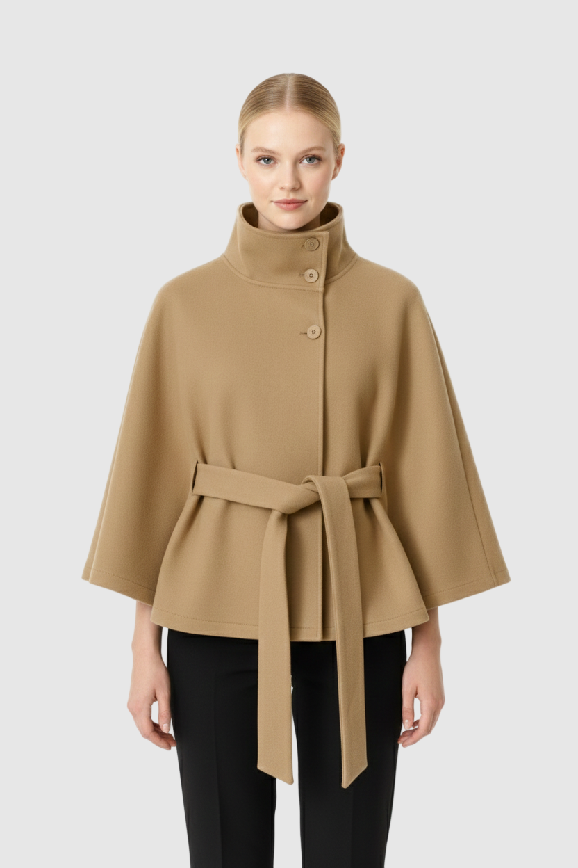 Beatrice | Cape Mantel Damen Wollmischung Stehkragen Gürtel