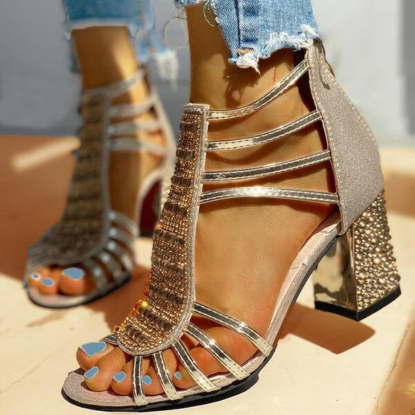 Beatrice | High Heels Pumps Damen Blockabsatz Strass Riemchen