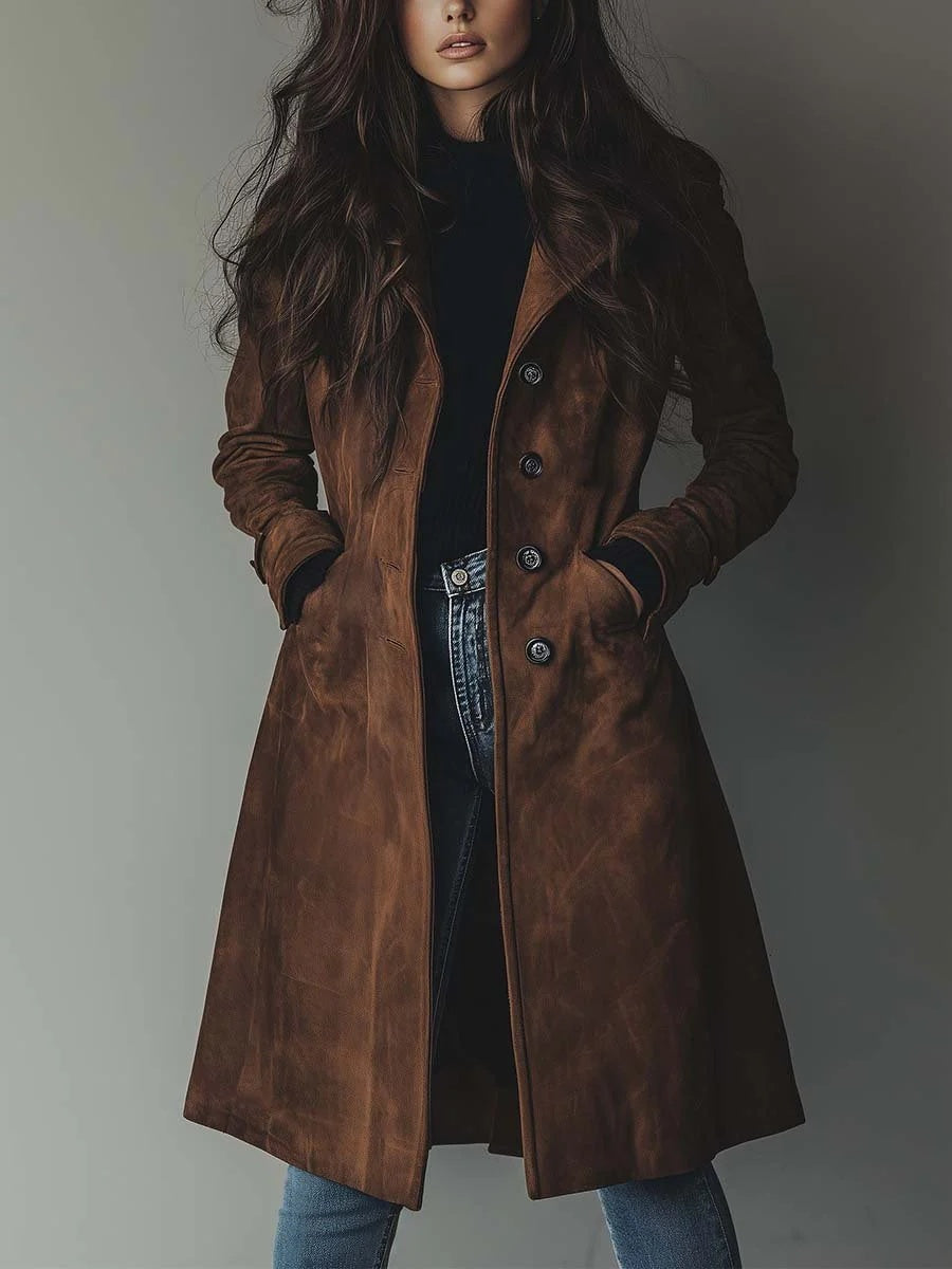 Curdin | Trenchcoat Damen Wildleder-Optik Zweireihig Midi