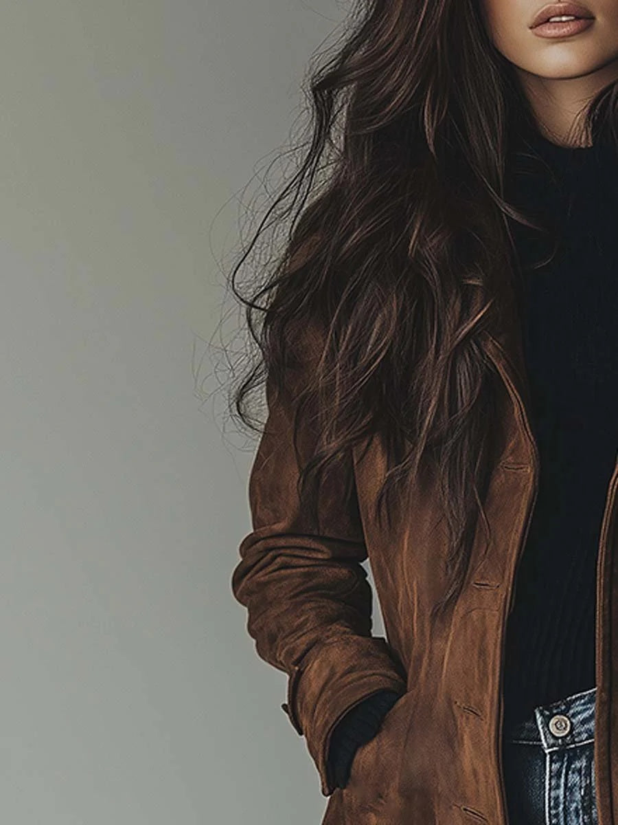 Curdin | Trenchcoat Damen Wildleder-Optik Zweireihig Midi
