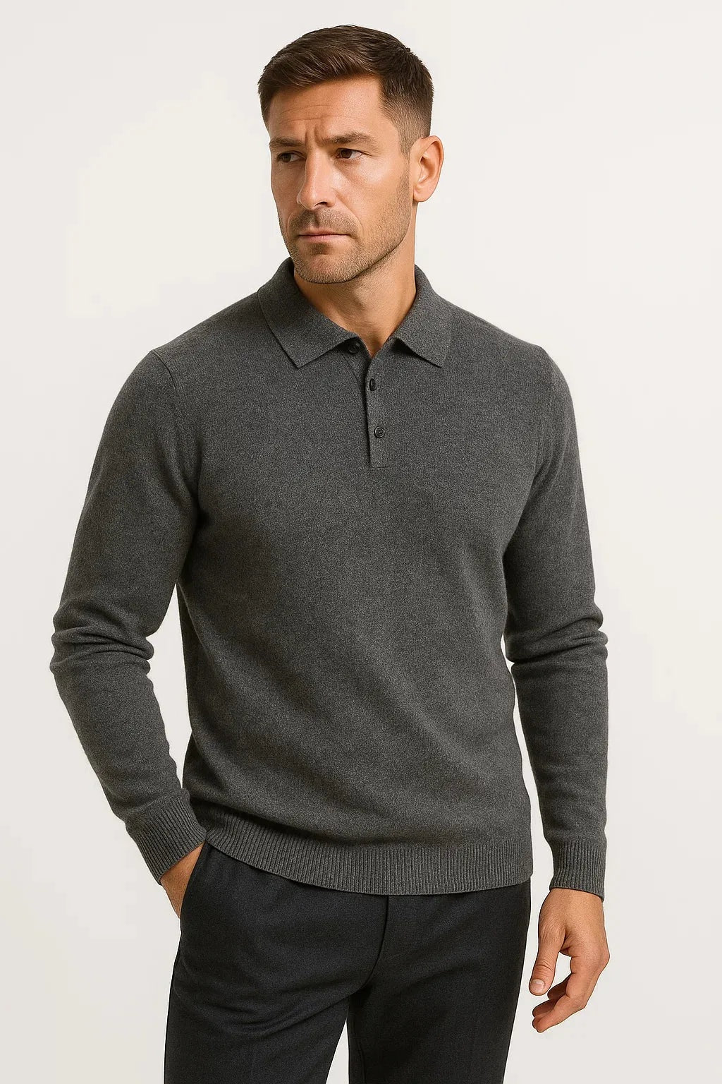 Cyrill | Polo Pullover aus Merinowolle Herren Langarm Knopfleiste