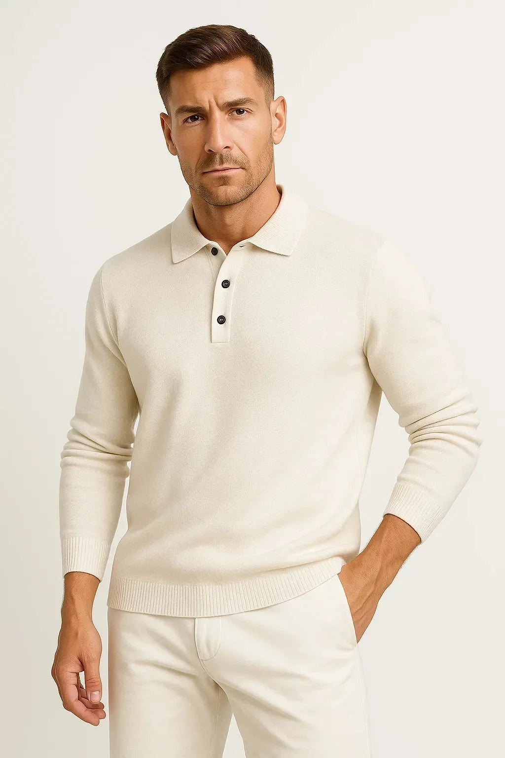 Cyrill | Polo Pullover aus Merinowolle Herren Langarm Knopfleiste