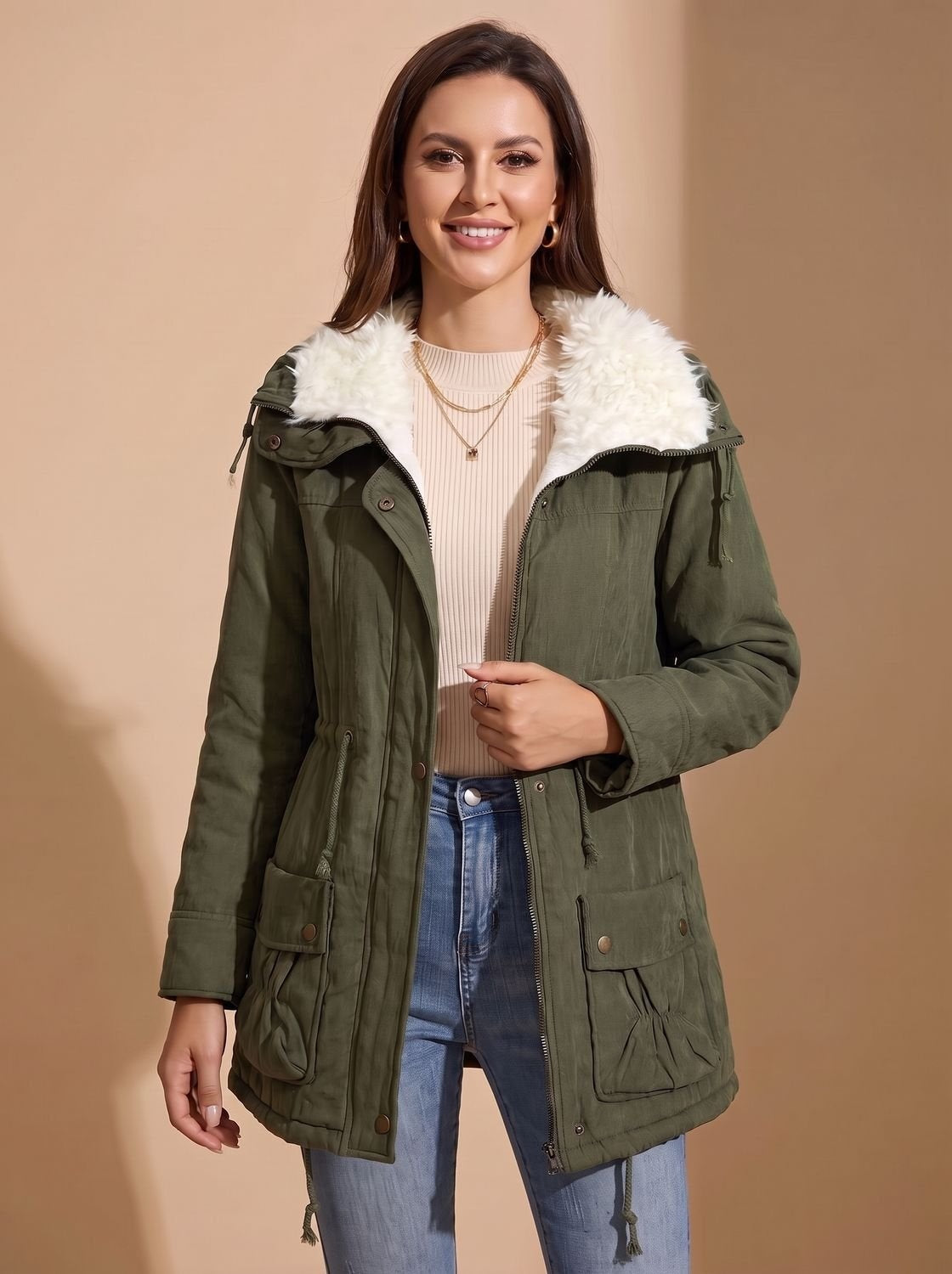 Daniela | Parka Damen mit Kunstfellkragen Gefüttert Kordelzug
