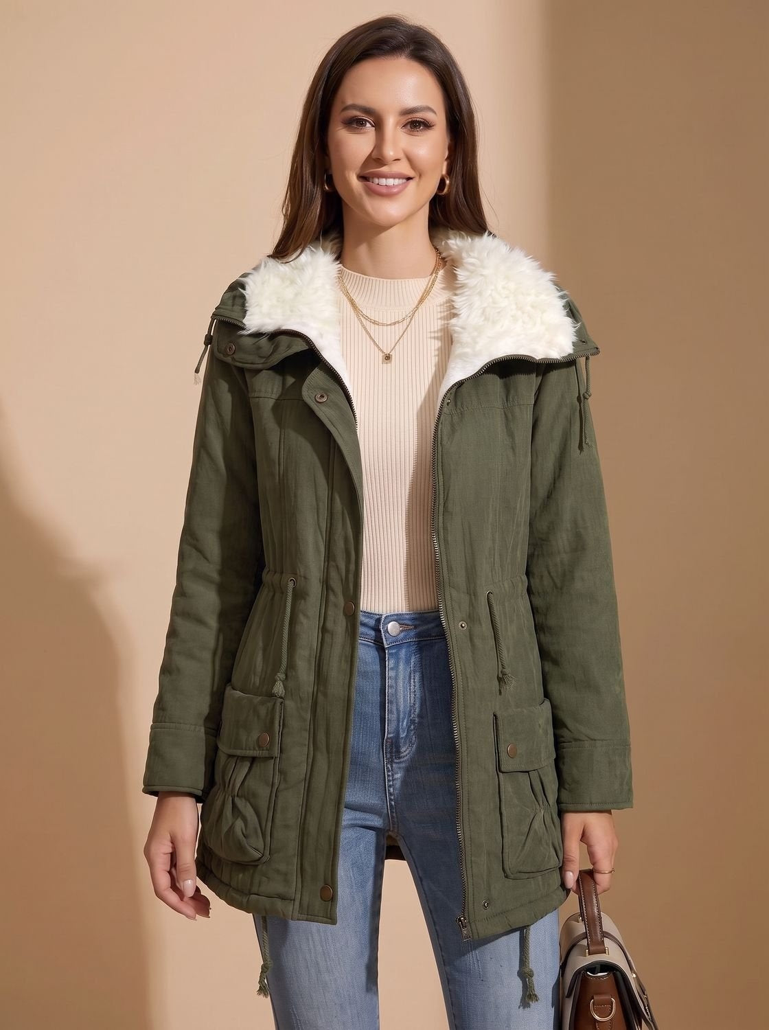 Daniela | Parka Damen mit Kunstfellkragen Gefüttert Kordelzug