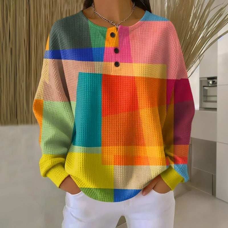 Daniela | Sweatshirt mit Knopfleiste Damen Waffelstruktur Langarm