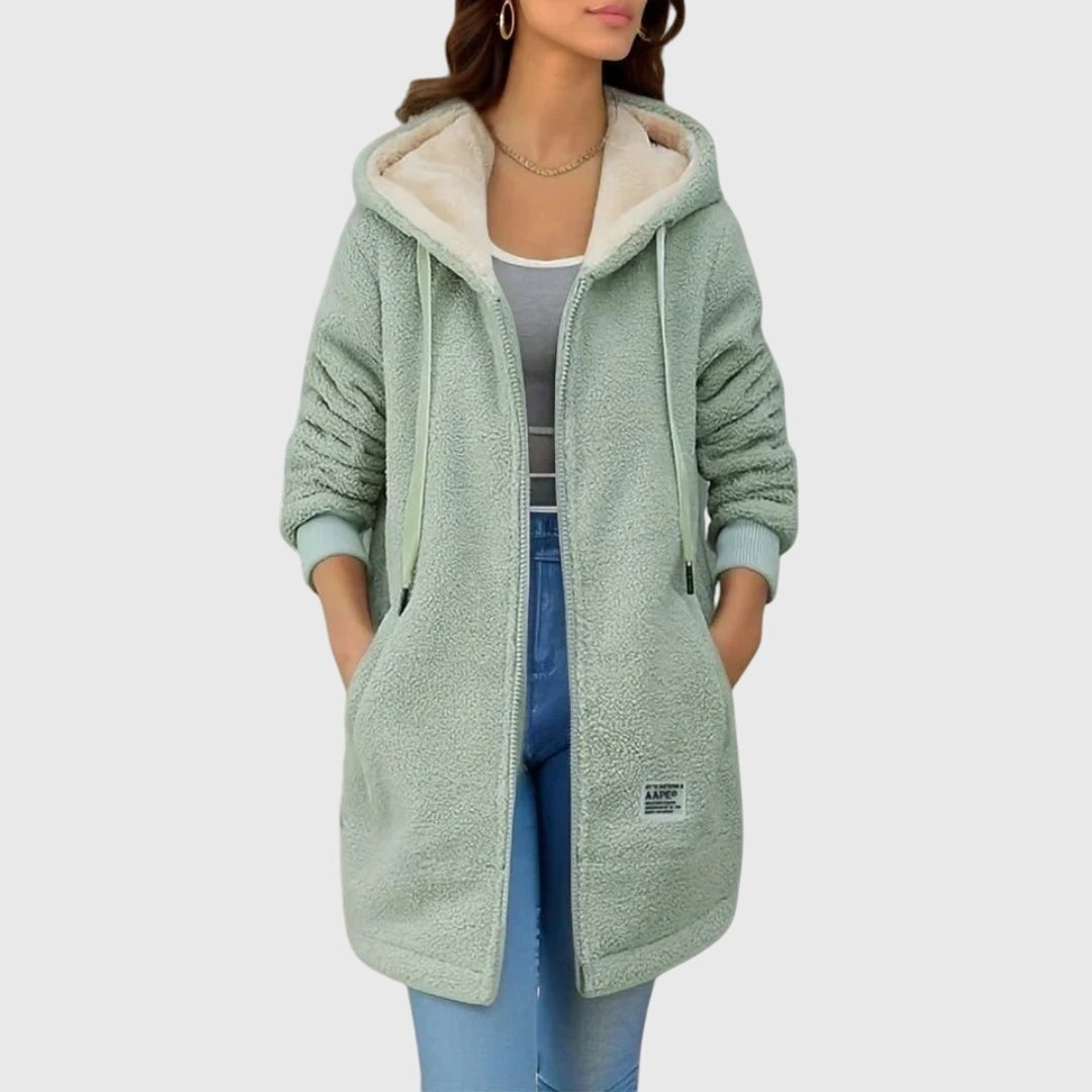 Daniela | Teddy Fleecejacke Lang mit Kapuze Damen Reissverschluss