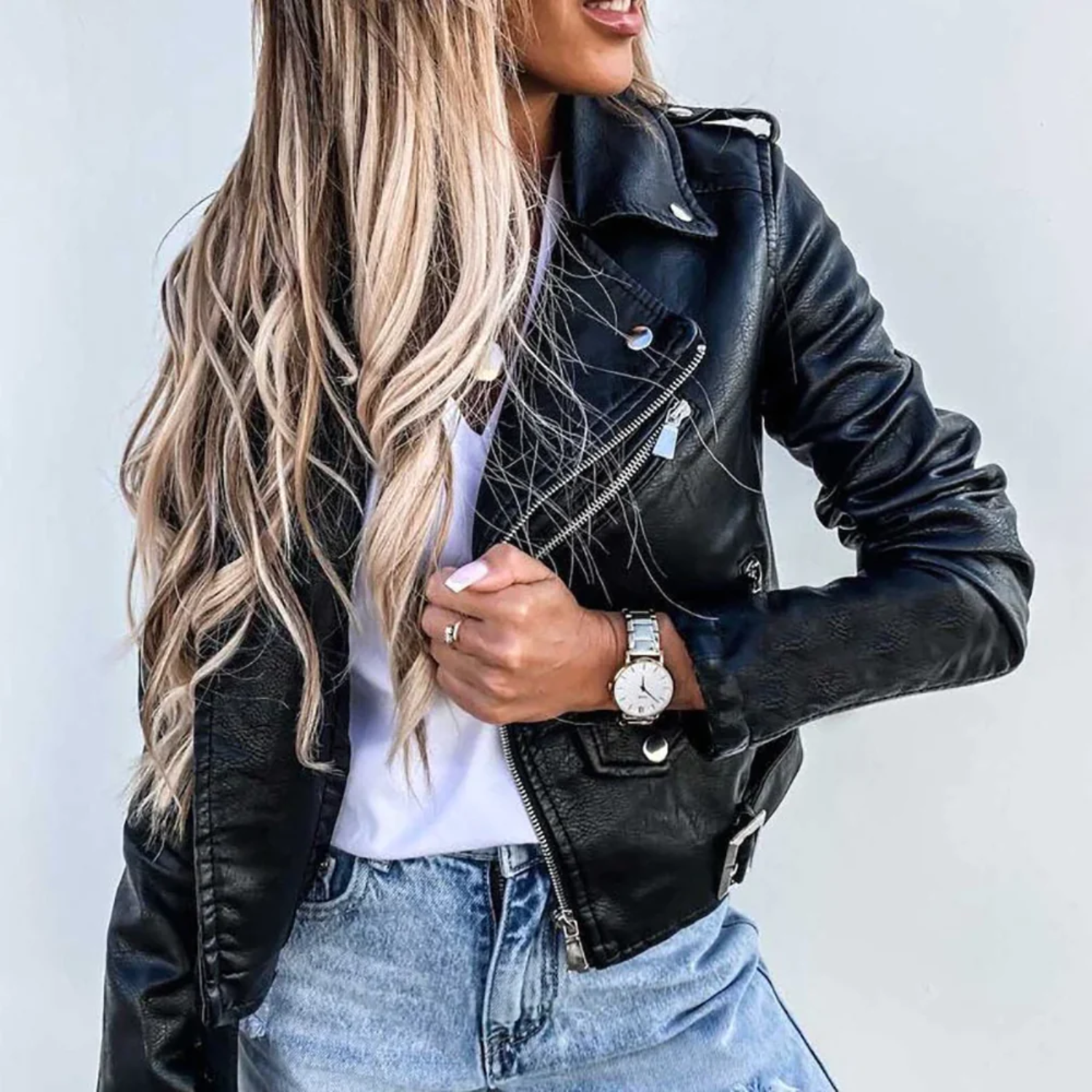 Elena | Lederjacke Damen Bikerjacke Kunstleder Reissverschluss