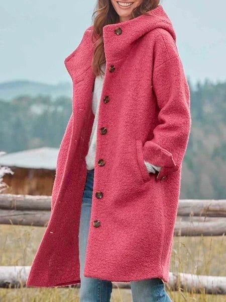 Elisa | Mantel mit Kapuze Damen Flauschig Knopfleiste Lang