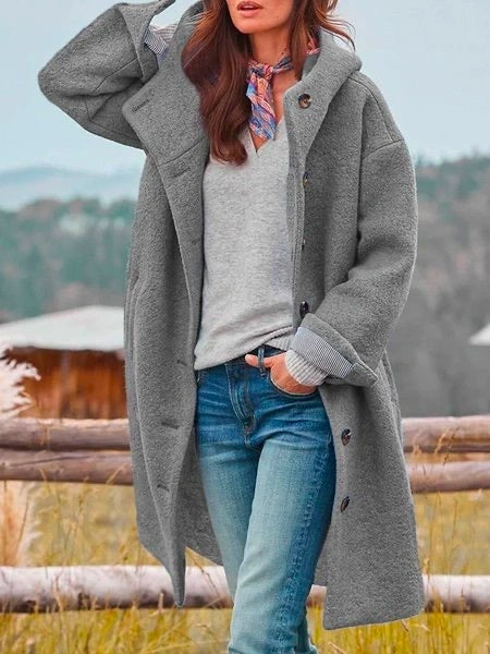 Elisa | Mantel mit Kapuze Damen Flauschig Knopfleiste Lang