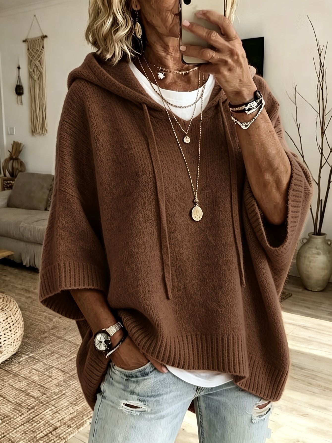 Elisa | Strickponcho mit Kapuze Damen Oversize