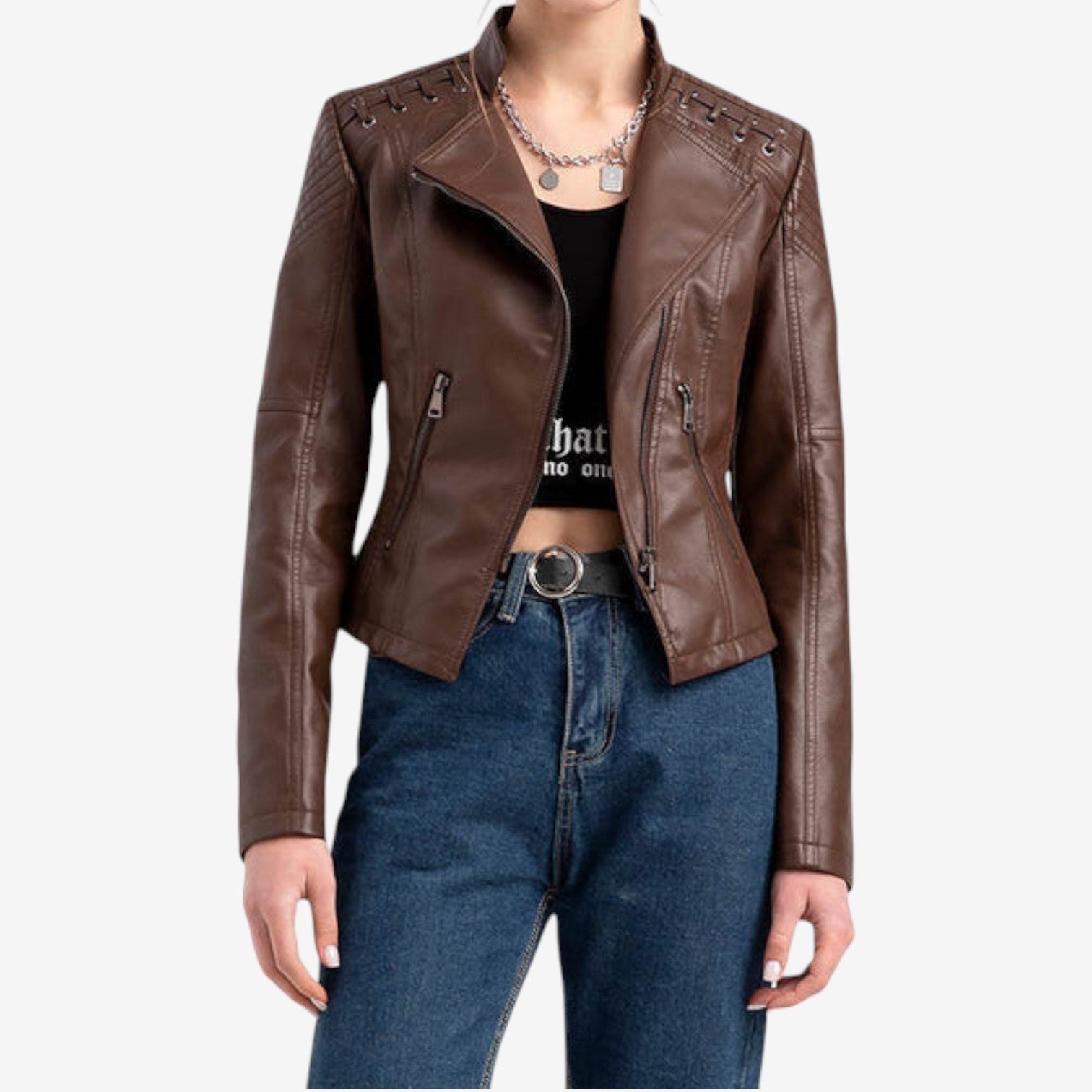 Estelle | Lederjacke Damen Kurz Bikerjacke Kunstleder Reissverschluss