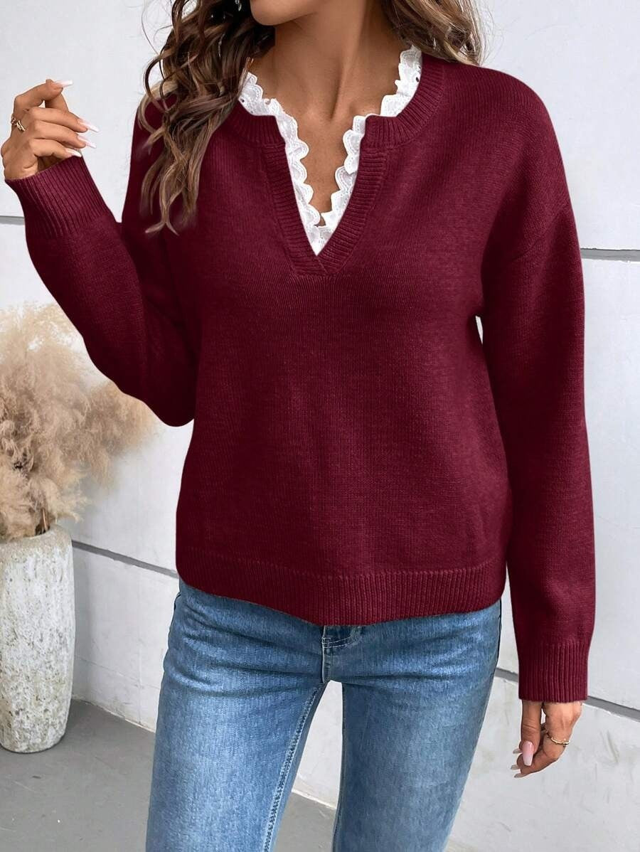 Estelle | Pullover Damen V-Ausschnitt Strick Spitzenbesatz