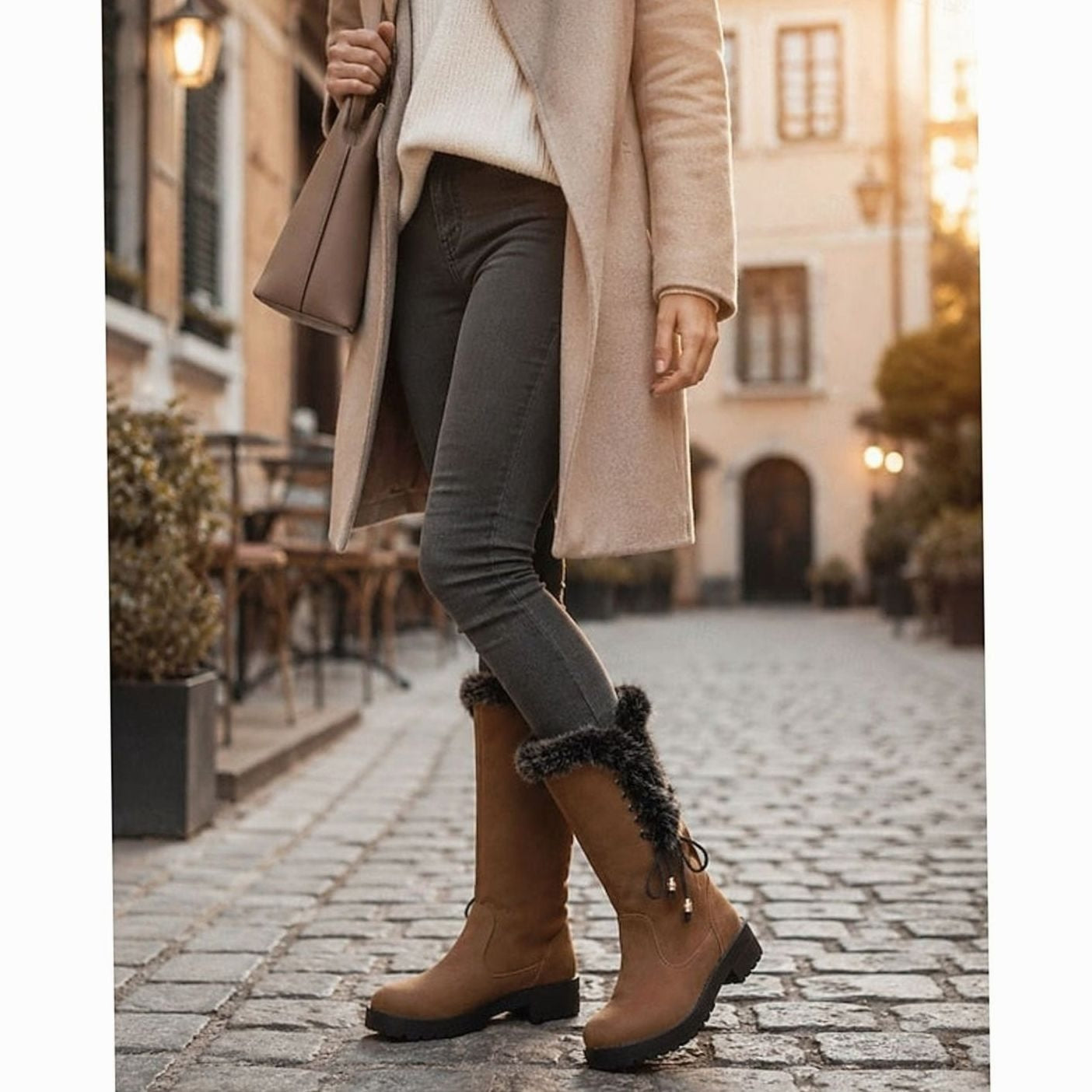 Estelle | Winterstiefel Damen Kunstfell Kniehohe Stiefel Blockabsatz