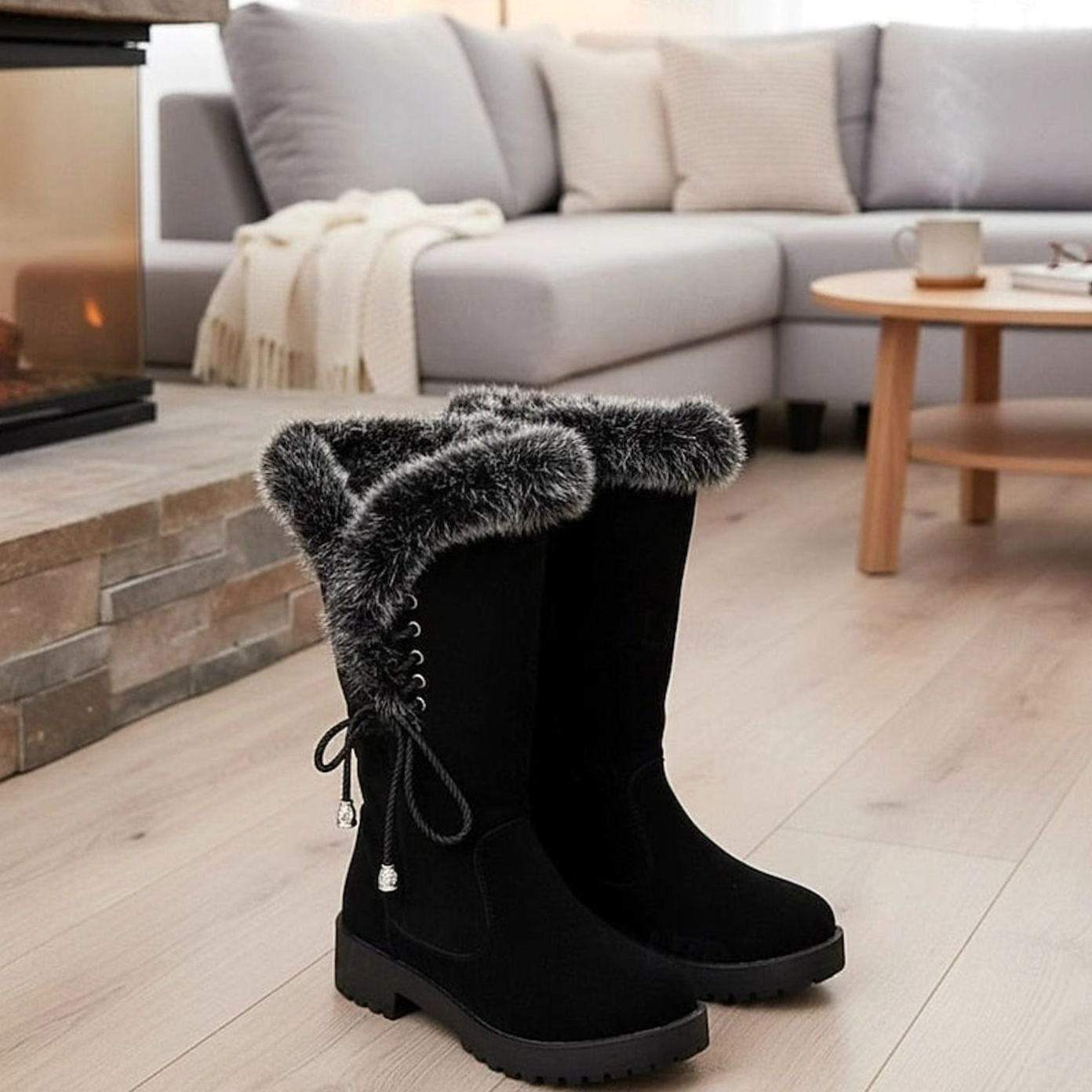 Estelle | Winterstiefel Damen Kunstfell Kniehohe Stiefel Blockabsatz