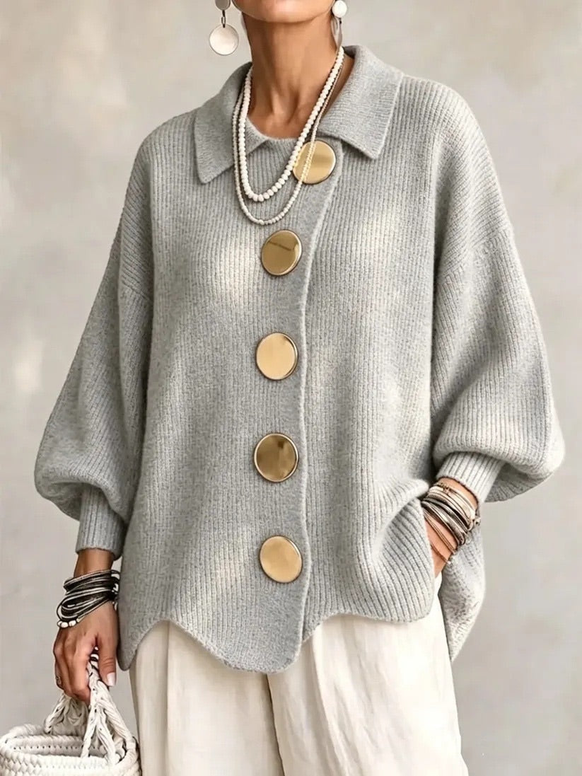 Eveline | Strickjacke mit Kragen und Knöpfen Damen Oversize Laternenärmel