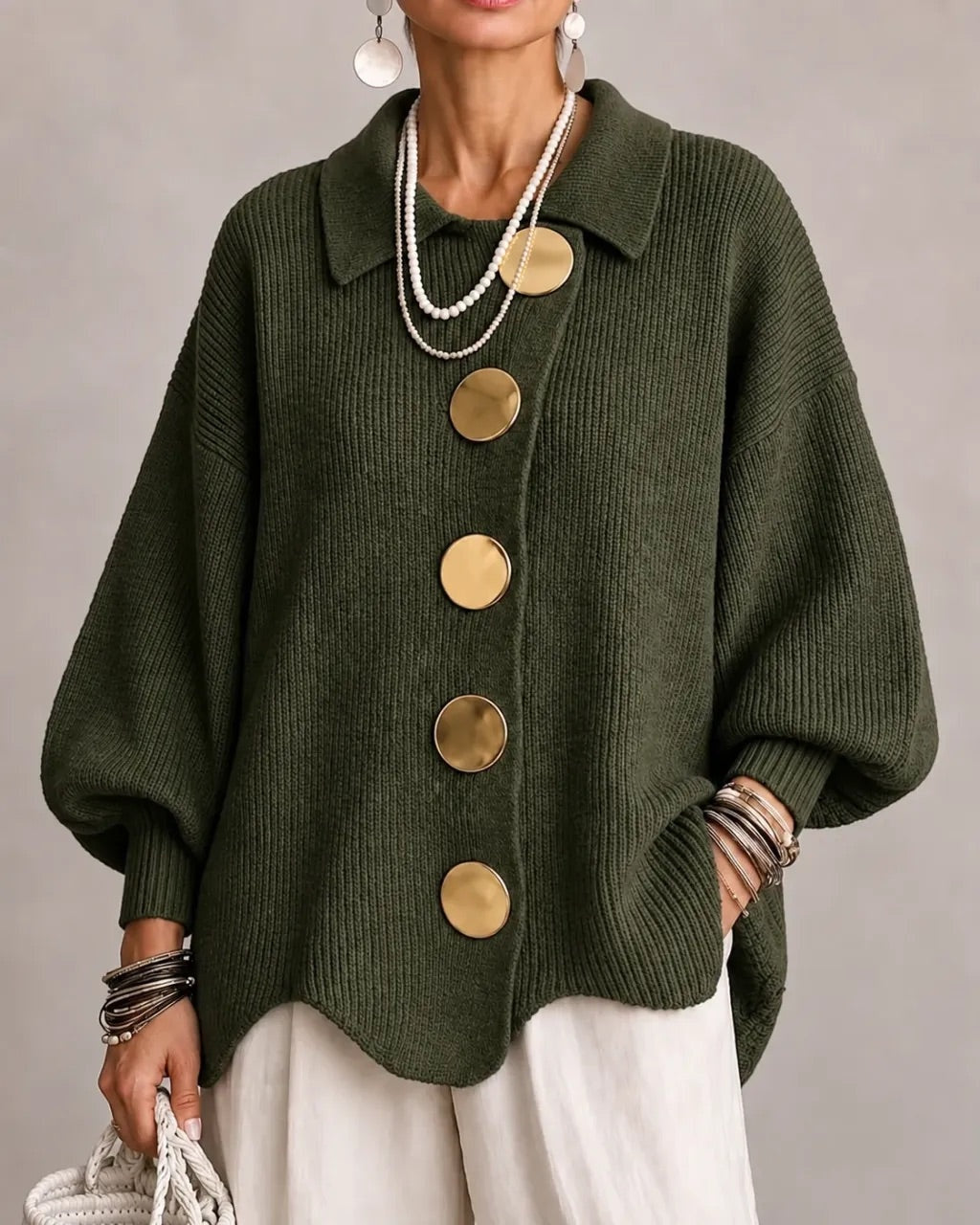 Eveline | Strickjacke mit Kragen und Knöpfen Damen Oversize Laternenärmel