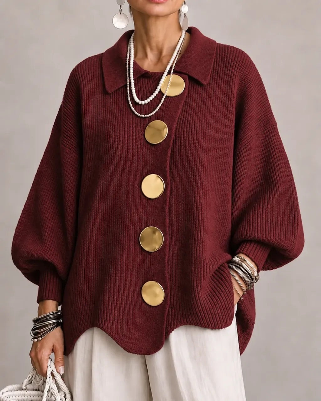 Eveline | Strickjacke mit Kragen und Knöpfen Damen Oversize Laternenärmel