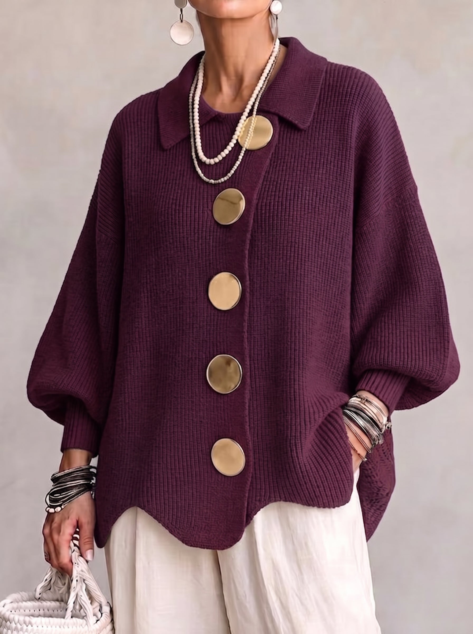 Eveline | Strickjacke mit Kragen und Knöpfen Damen Oversize Laternenärmel