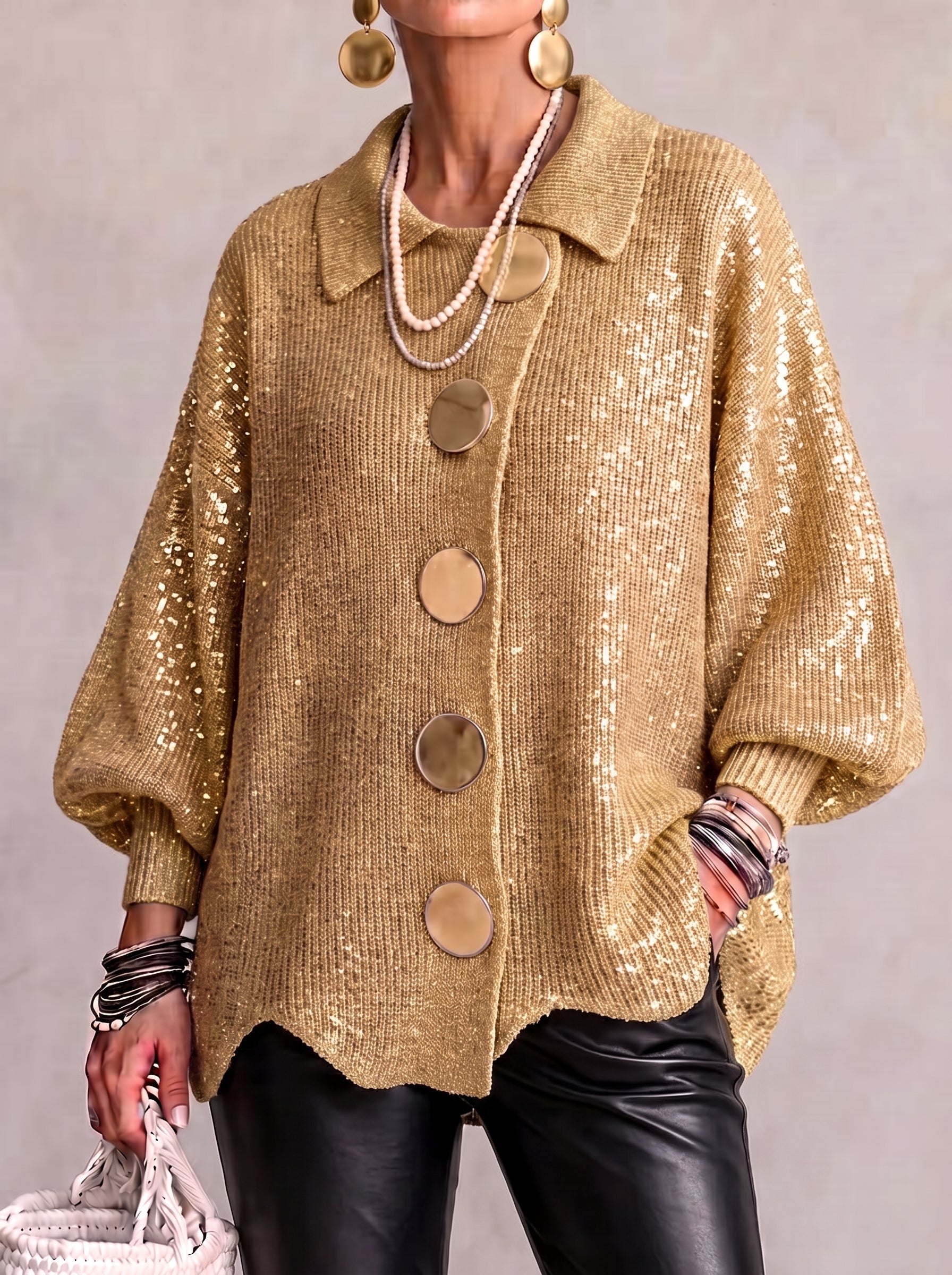 Eveline | Strickjacke mit Kragen und Knöpfen Damen Oversize Laternenärmel