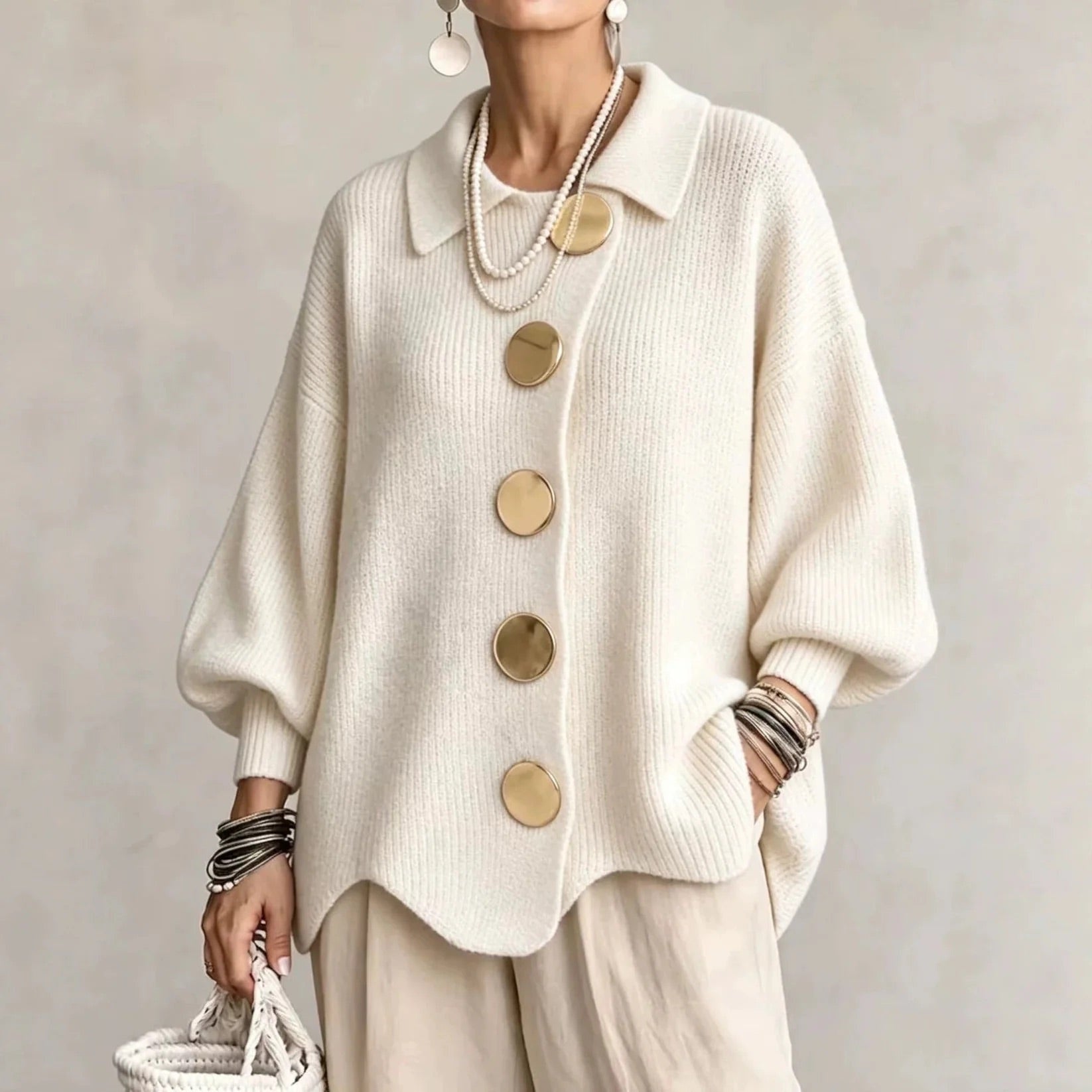 Eveline | Strickjacke mit Kragen und Knöpfen Damen Oversize Laternenärmel