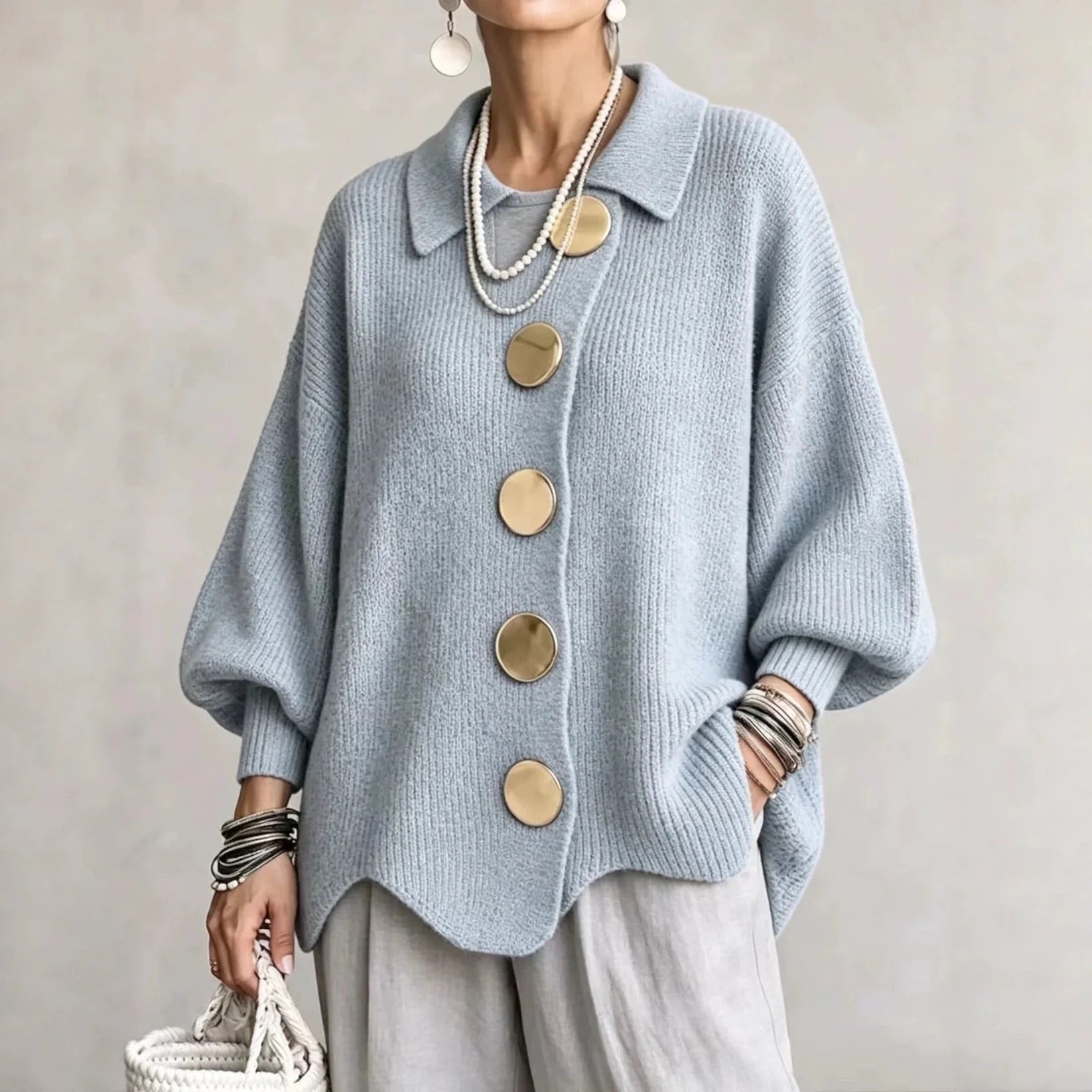 Eveline | Strickjacke mit Kragen und Knöpfen Damen Oversize Laternenärmel