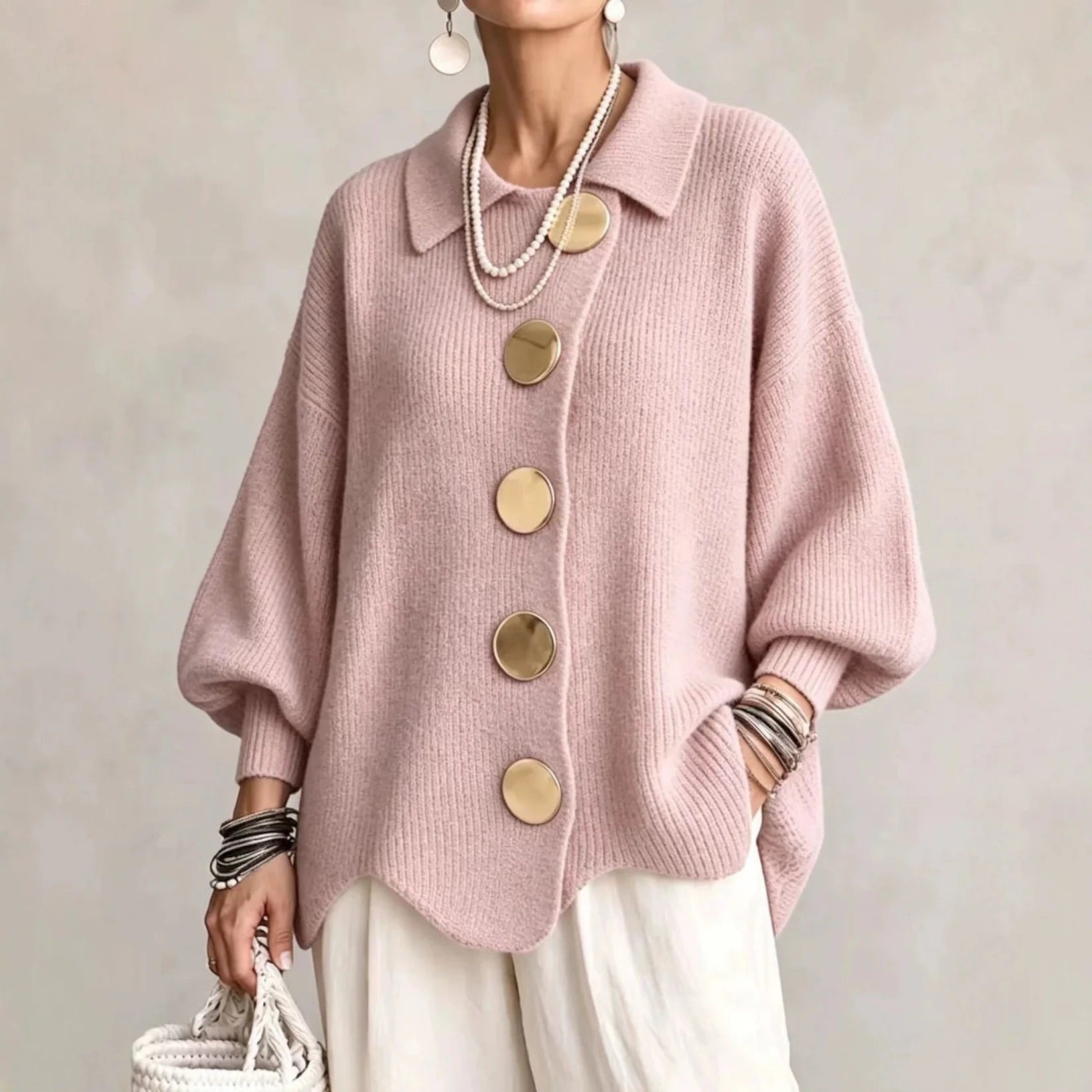 Eveline | Strickjacke mit Kragen und Knöpfen Damen Oversize Laternenärmel