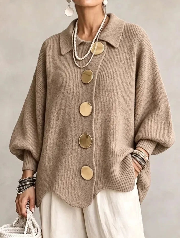 Eveline | Strickjacke mit Kragen und Knöpfen Damen Oversize Laternenärmel