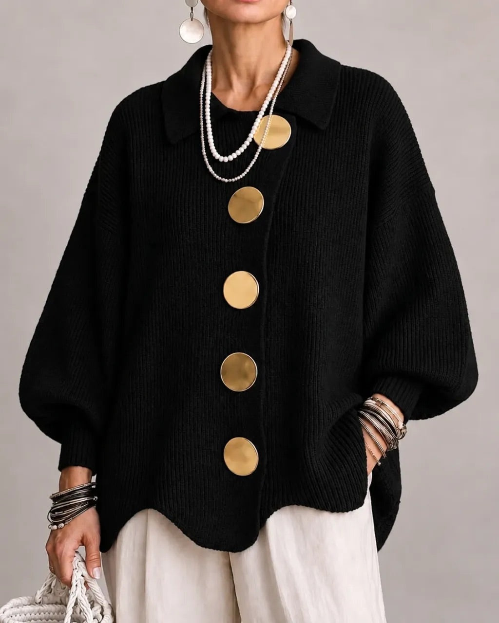 Eveline | Strickjacke mit Kragen und Knöpfen Damen Oversize Laternenärmel