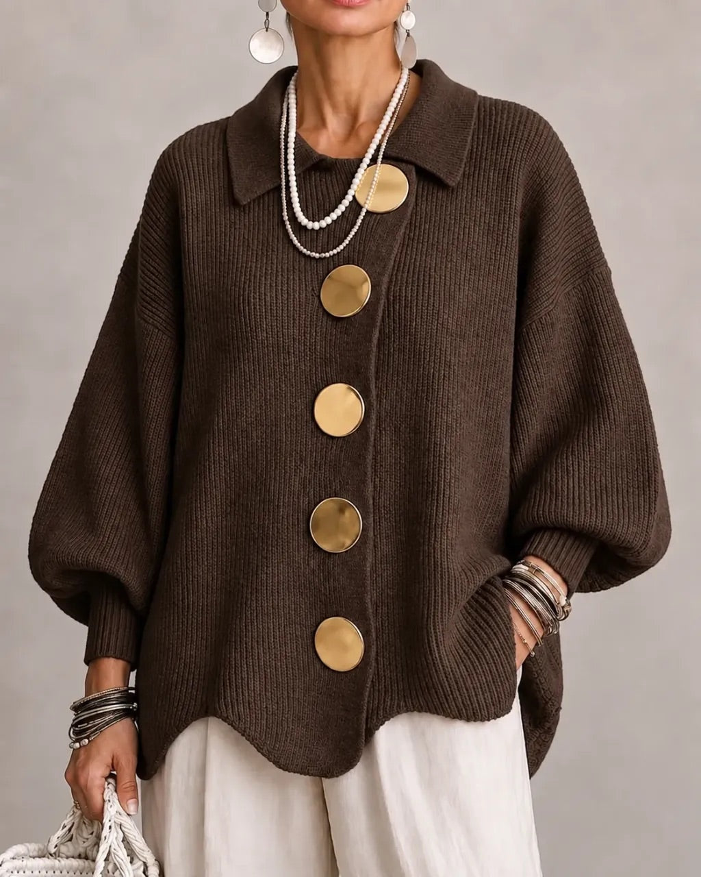 Eveline | Strickjacke mit Kragen und Knöpfen Damen Oversize Laternenärmel