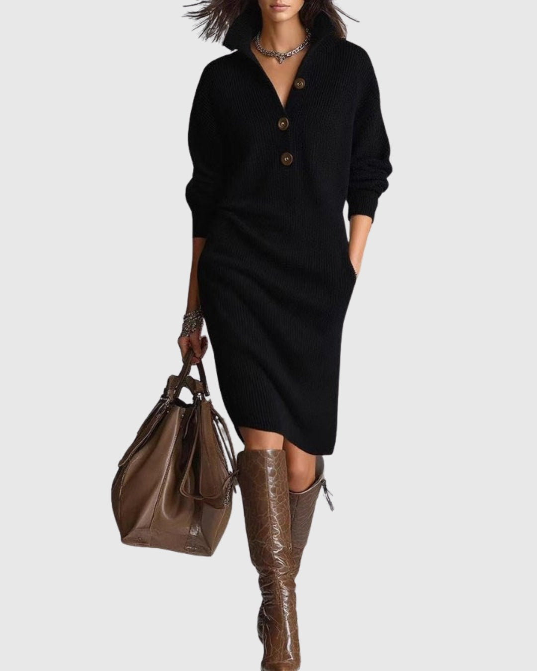Eveline | Strickkleid Midi Langarm mit Knopfleiste Damen Rippstrick